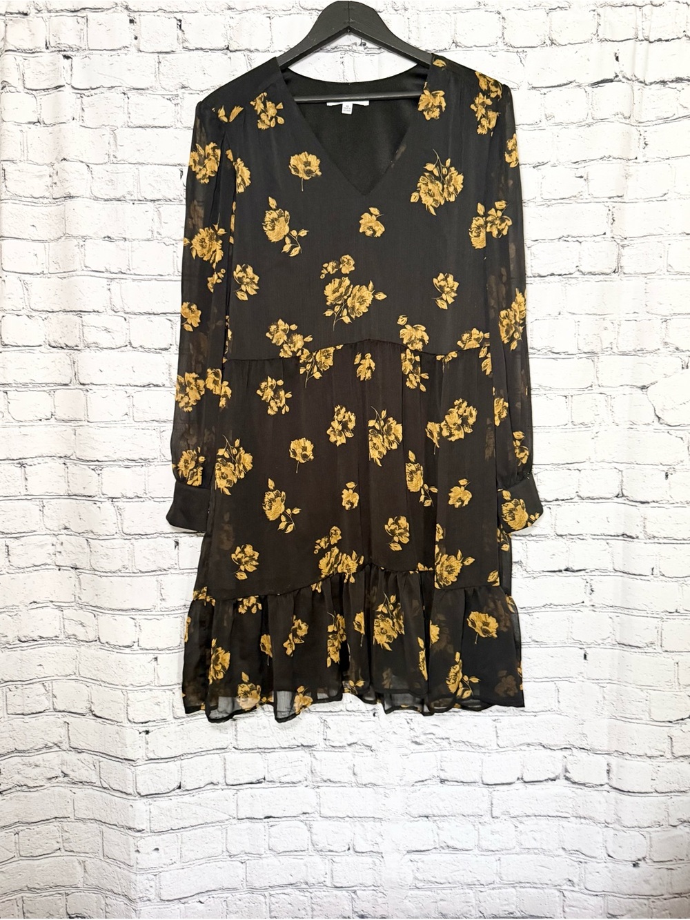 Sandra Darren Black Long-Sleeve Tiered Dress with Yellow Floral Print